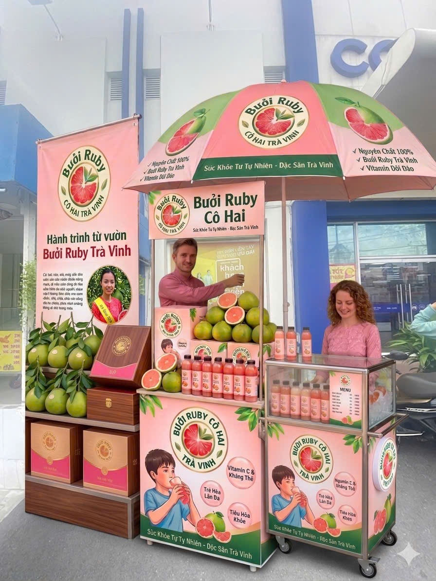 SHU Group chính thức ra mắt mô hình xe quầy trải nghiệm bưởi Ruby Cô Hai Trà Vinh tại Co.opmart. Minh bạch nguồn gốc SHU Trace, phục vụ nước ép tươi nguyên chất 100%.